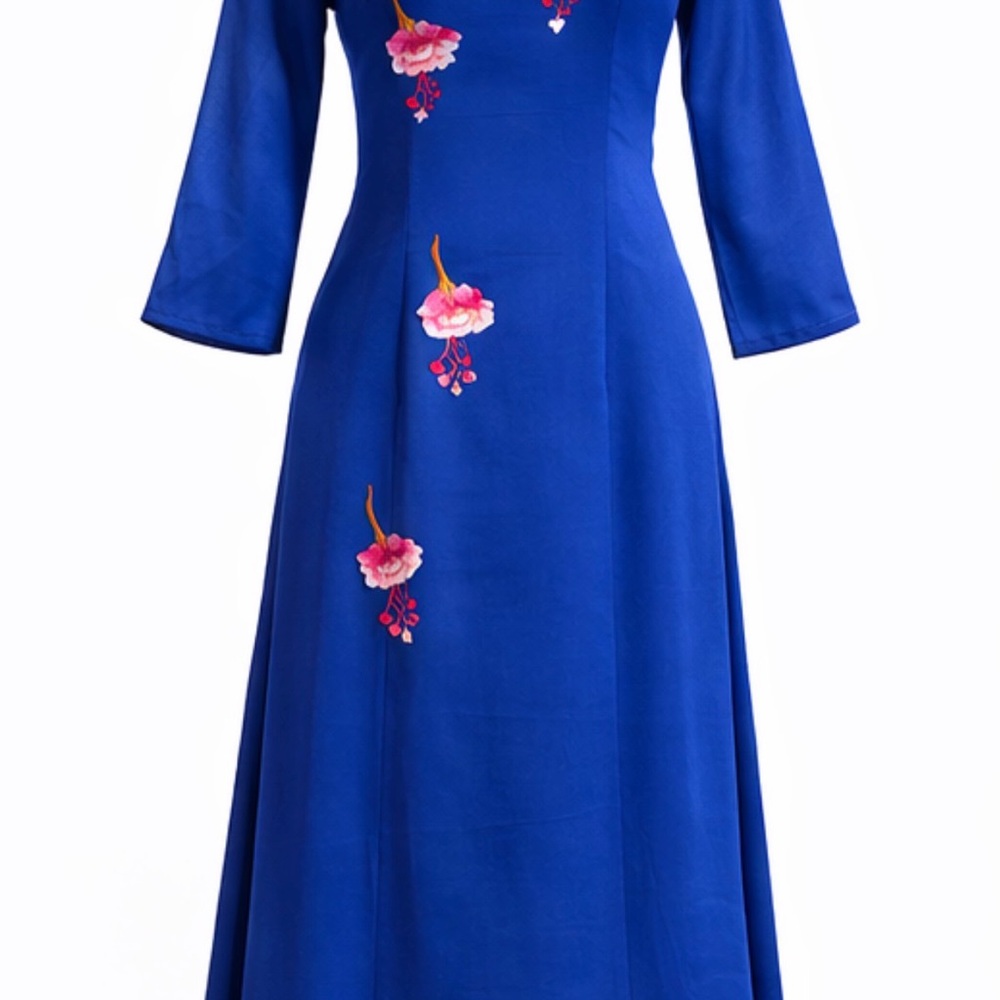 Traditional Vietnamese Ao Dai Set Royal Blue Embroidered Floral Matching Pants